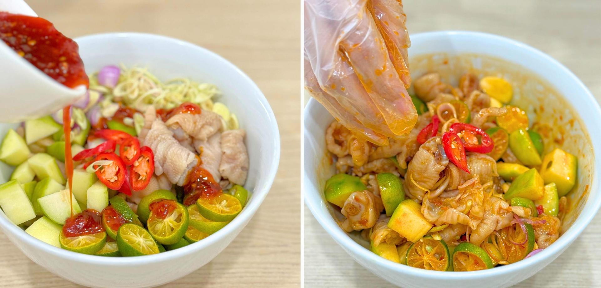 Trộn chân gà, xoài, cóc, nước sốt đều 